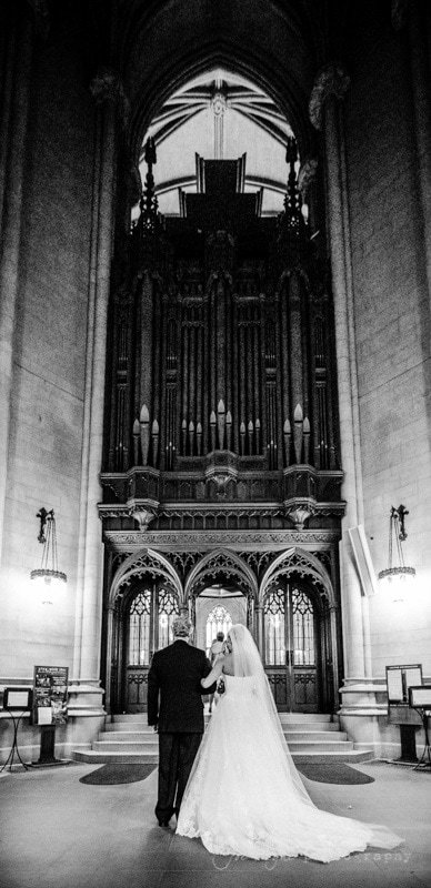 bride and father ready to walk down the aisle at duke chapel