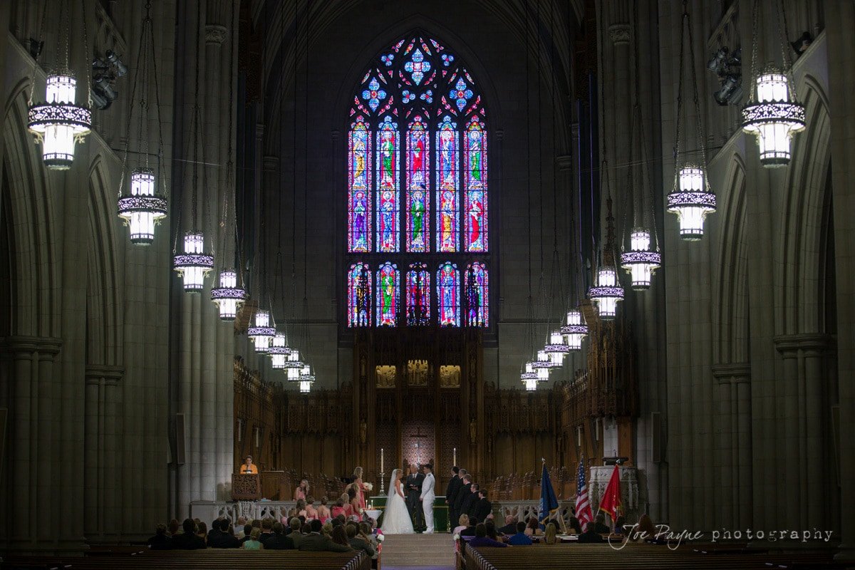duke chapel wedding with stained glass window