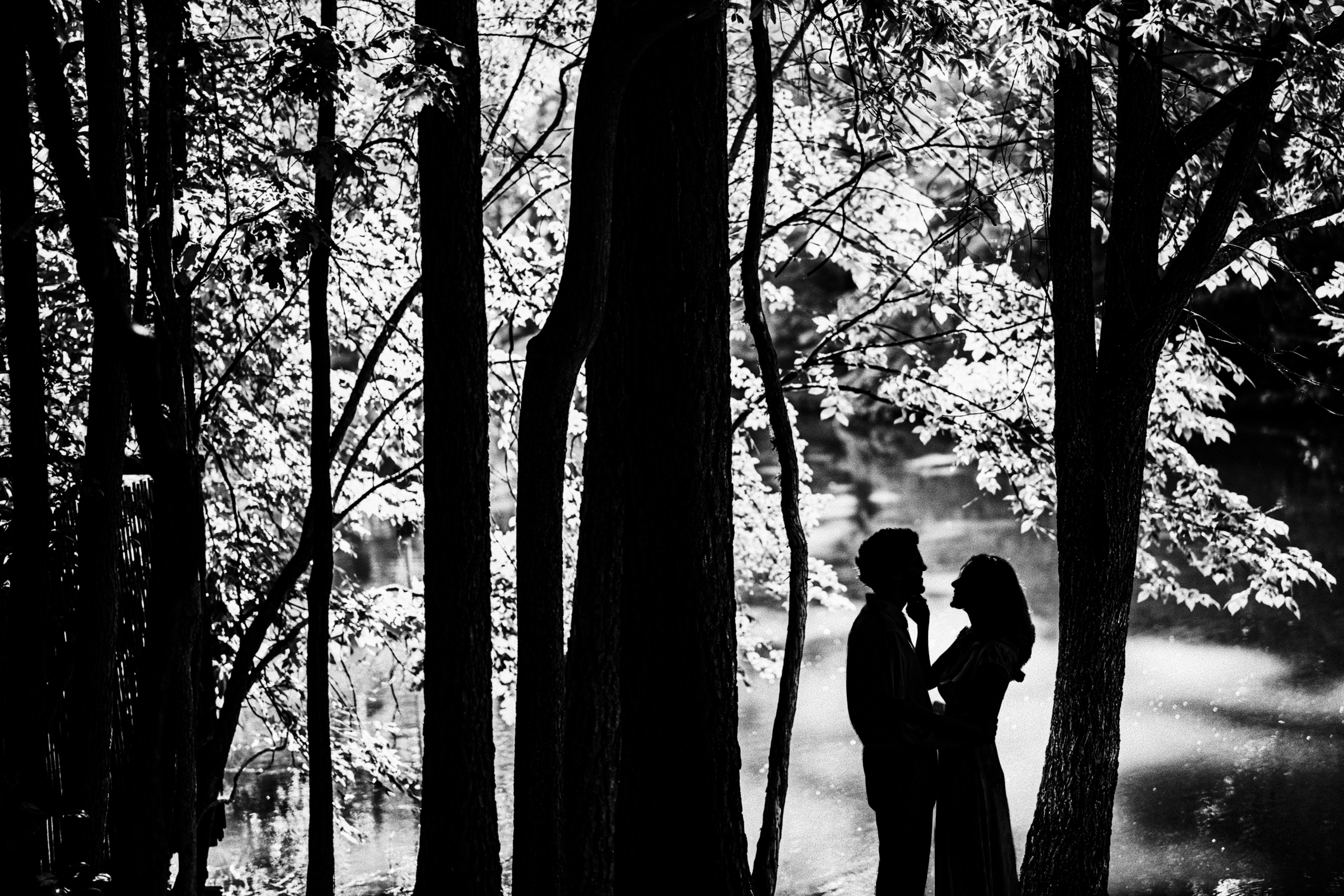 In the serene embrace of Duke Gardens, a silhouetted couple stands closely among trees by a tranquil lake. Sunlight filters through the leaves, creating a peaceful, romantic atmosphere perfect for their engagement session.