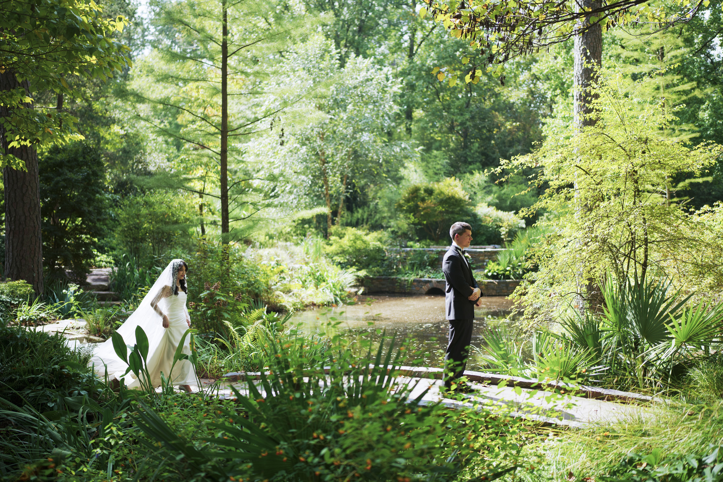 A bride and groom stand on a wooden path surrounded by lush greenery beside a pond. The bride, in a flowing white dress, approaches the groom, who is dressed in a black suit, as sunlight filters through the trees.